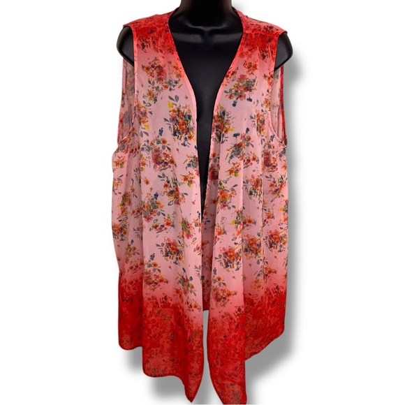 0X Red Orange Floral Sleeveless Semi Sheer Best Ombre Plus 14W Open Front Light - Picture 1 of 15